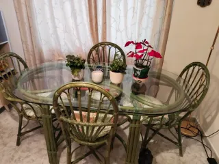 Mesa y 6 Sillas Comedor Bambú y Cristal