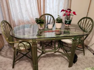 Mesa y 6 Sillas Comedor Bambú y Cristal