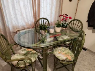 Mesa y 6 Sillas Comedor Bambú y Cristal