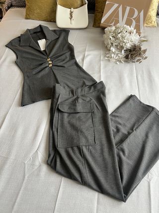 Conjunto Zara Top y Pantalón Gris