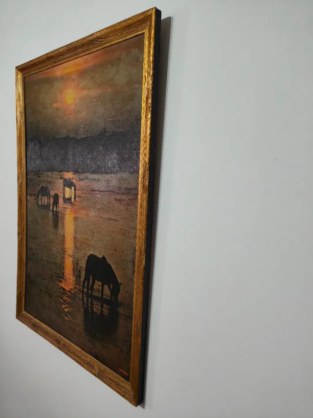 Cuadro Pintura al Óleo Caballos Atardecer