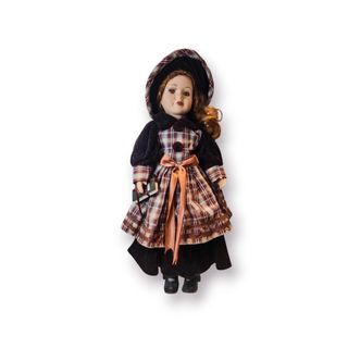 Boneca Antiga Porcelana 41cm Vestido Xadrez
