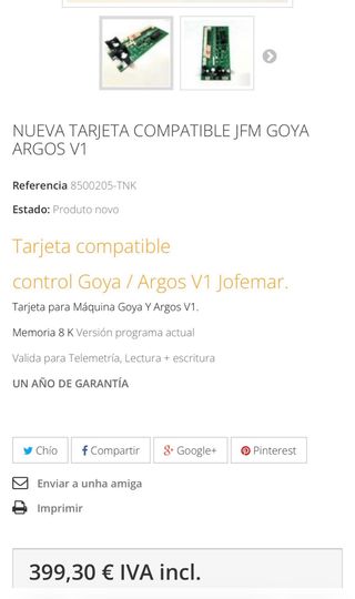 Tarjeta placa expendedoras Jofemar Goya Argos V1