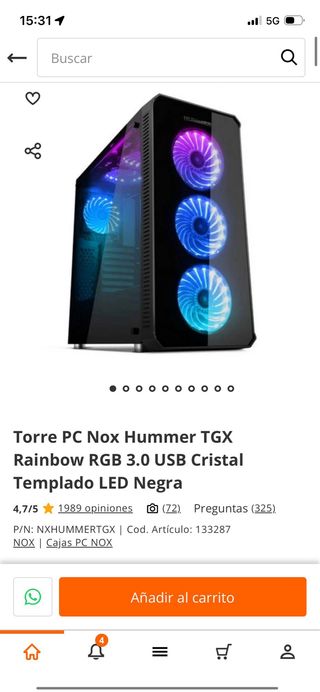 Torre PC Nox Hummer TGX Rainbow RGB 3.0 USB Crista