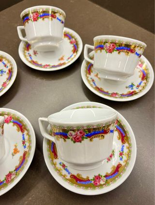 Juego Vintage 5 tazas porcelana café + 5 platos