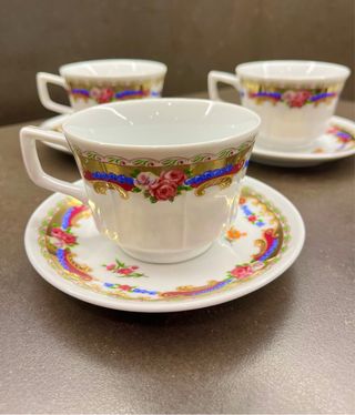 Juego Vintage 5 tazas porcelana café + 5 platos