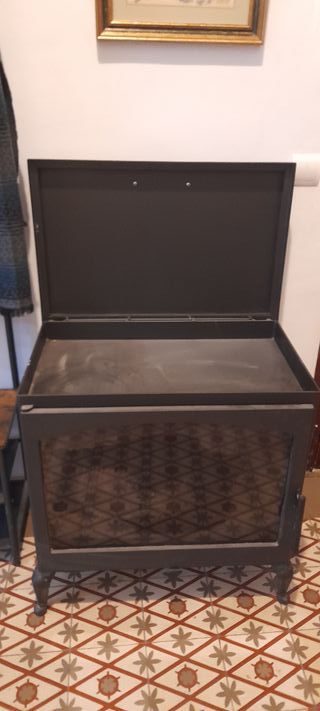 Estufa de leña metálica con puerta de cristal