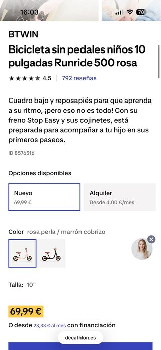 Bicicleta infantil Equilibrio Rosa Decathlon niña