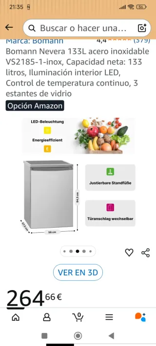 Nevera 133L Inox Bomann