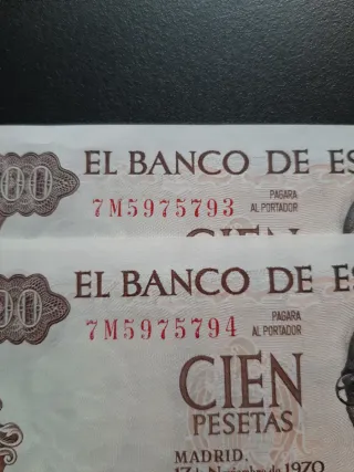 BILLETES DE 100 PESETAS DE 1970 PAREJA CORRELATIVA