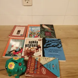 6 libros, regalo de diccionario y hucha de cerámic
