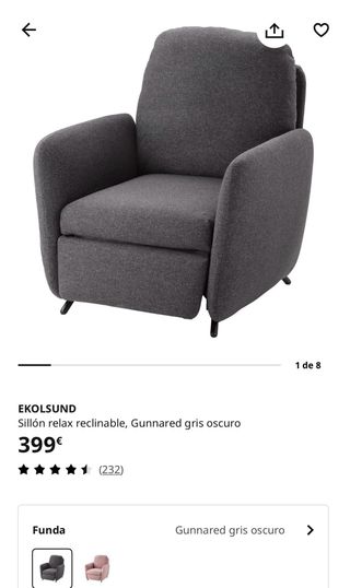 Sillón reclinable Ikea EKOLSUND gris oscuro