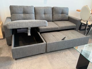 Sofá Cama Gris y Mesa Comedor Cristal