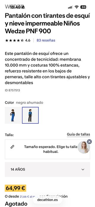 Pantalón esquí niño Decathlon 14 años, 900.