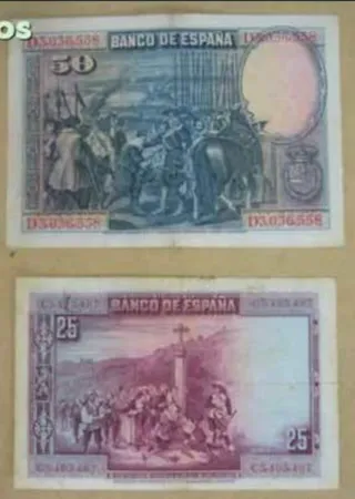 Dos billetes españoles 50 y 25 pesetas