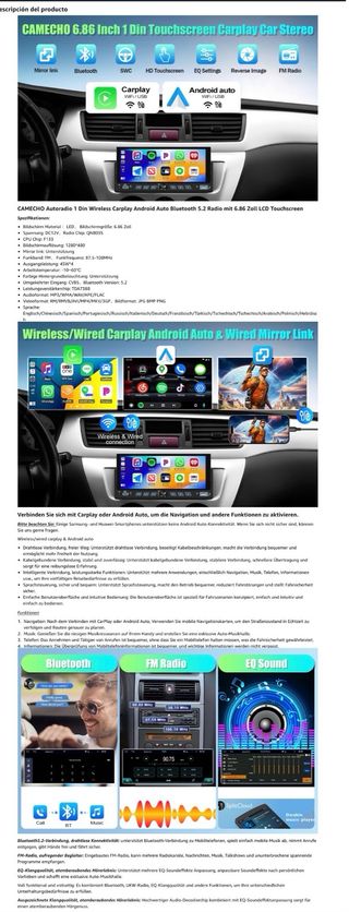 NUEVO! Radio Coche 1 DIN Carplay Inalámbrico