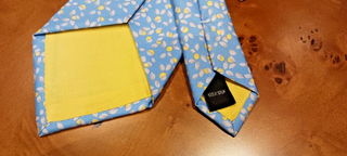 CORBATA IDAS, SEDA NATURAL, AZUL DETALLE FRUTAL.