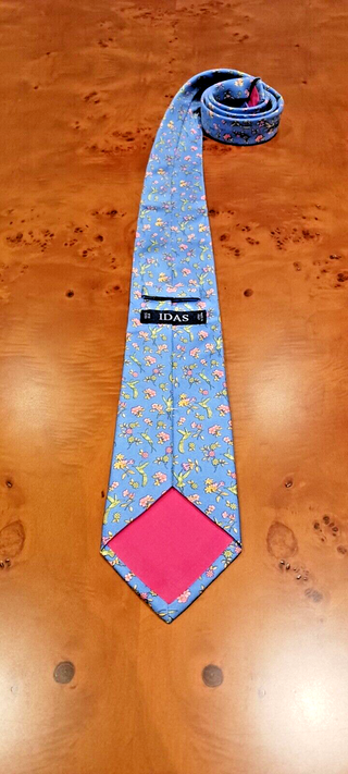 CORBATA IDAS, SEDA NATURAL, AZUL FLORAL PÁJAROS.
