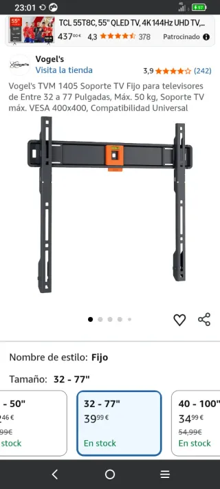 Soporte TV Pared 50kg