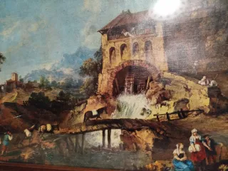 Quadro paesaggio con mulino ad acqua