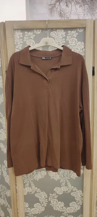 Camiseta Polo Zara Manga Larga Marrón Talla S/M