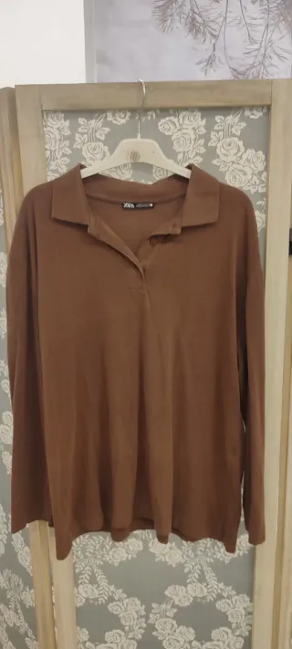 Camiseta Polo Zara Manga Larga Marrón Talla S/M