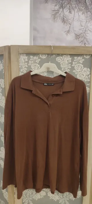Camiseta Polo Zara Manga Larga Marrón Talla S/M