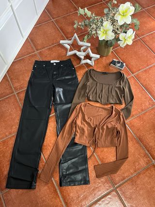 Conjunto 3 prendas pantalón polipiel + 2 tops