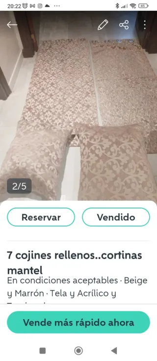 Cortinas, 7 cojines con relleno y mantel