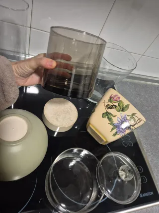 Lote decoración: cuenco verde, jarrón cristal