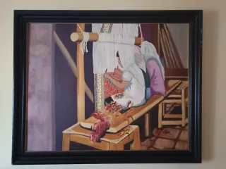 Cuadro al óleo mujeres tejiendo alfombra