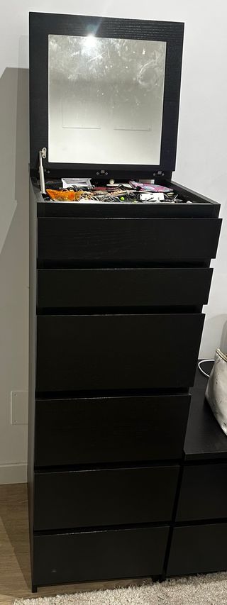 Cómoda 6 cajones negra-marrón madera con espejo