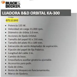 Lijadora Orbital: Black & Decker KA300-QS 135W