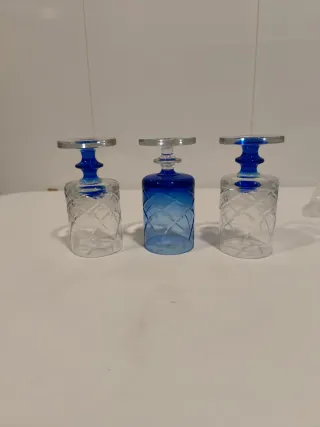 3 Copas Vino Vintage Azul cobalto y Transparente,