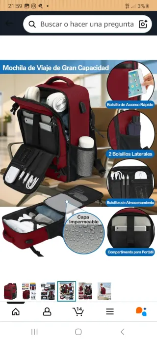 Mochila Viaje Cabina Ryanair 40x20x25 Roja