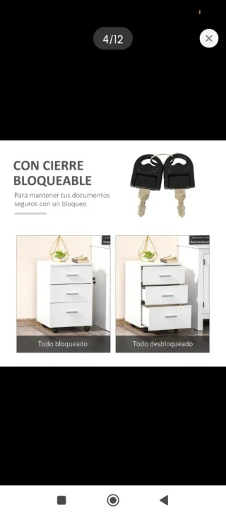 Mueble de oficina blanco con ruedas y cerradura
