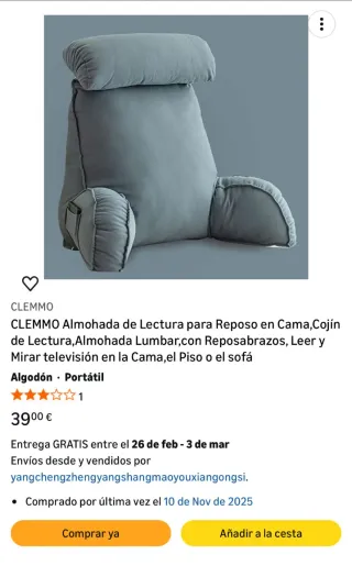 Almohada Lectura CLEMMO Gris Algodón