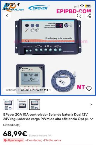 Controlador Solar Epever 20A Batería Dual 12/24V