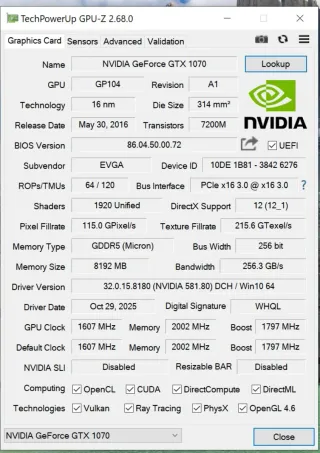 EVGA GeForce GTX 1070 FTW 8GB