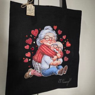 Bolso shopper negro con dibujo de pareja mayor