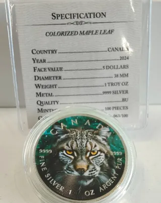 Moneda 2024 Plata Bobcat 1 Oz Canada 9999