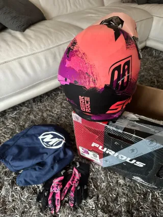 Casco Motocross Shot Rosa + Intercom + Guantes