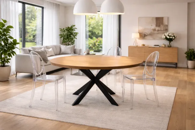 MESA REDONDA DE MADERA MACIZA Y PATAS DE METAL.