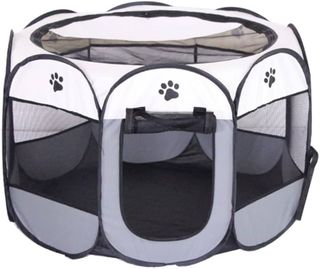 lionto Parque para Perros en Tela Oxford, Malla Transpirable, con Cremallera y Bolsillo Lateral, Estructura de Tubos PVC, Jaula Octogonal para Perros y Gatos, 72x72x43 cm, Gris