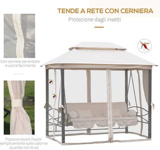 Columpio de 3 Plazas y Cama Individual con Cubierta de Gazebo, Mosquitera y Cojines 256X172X248Cm Crema