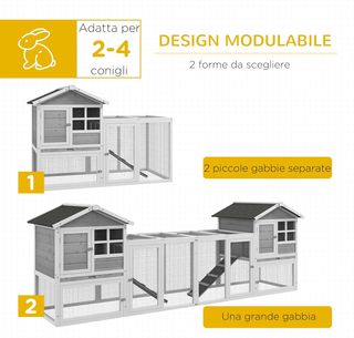 Conejera de Madera para Exterior con 2 Casitas y Área Abierta Cercada con Puertas y Rampas, 259X64X92 Cm, Gris