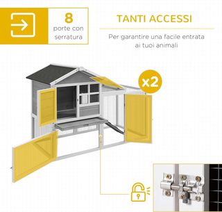 Conejera de Madera para Exterior con 2 Casitas y Área Abierta Cercada con Puertas y Rampas, 259X64X92 Cm, Gris