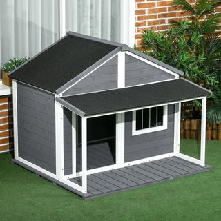 Casa para Perros de Exterior con Techo Impermeable, Caseta para Perros de Madera de Abeto con Ventana y Terraza, 124X112X105Cm, Gris