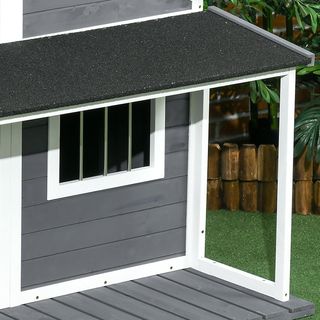 Casa para Perros de Exterior con Techo Impermeable, Caseta para Perros de Madera de Abeto con Ventana y Terraza, 124X112X105Cm, Gris