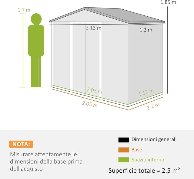 Caseta De Jardín 2.5M² en Acero Galvanizado Con Base y Salidas de Aire, Cobertizo Para Herramientas Con Techo Inclinado, Doble Puertas Correderas Bloqueables, 213X130X185 Cm, Blanco Plateado